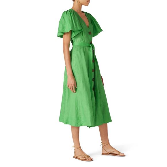 Nicholas Troy Green Linen Button Front Tie Waist Short Sleeve Dress Size 4 - Picture 2 of 12